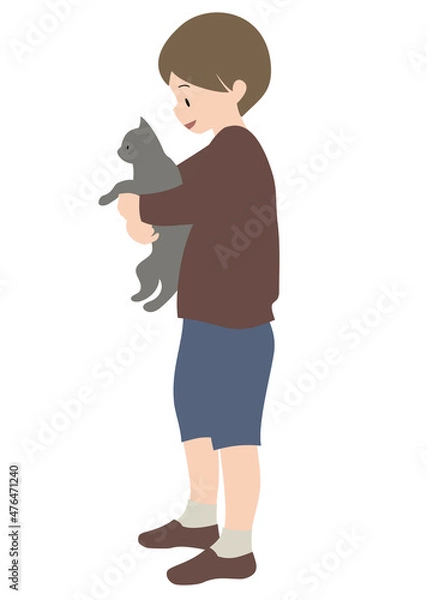Fototapeta イラスト素材：猫を抱える男の子