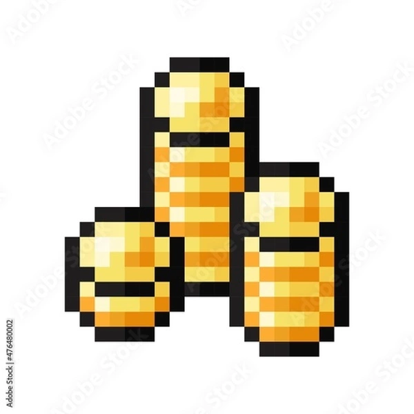 Fototapeta Many gold coins pixel art. Vector illustration.