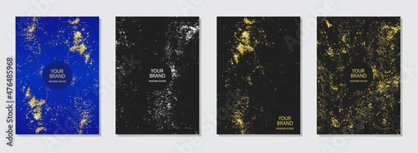 Fototapeta Vector set of cover design.Black and blue background, gold texture. Geometric pattern. Stylish grunge collection. Vertical templates for catalog, brochure template, magazine layout, booklet.