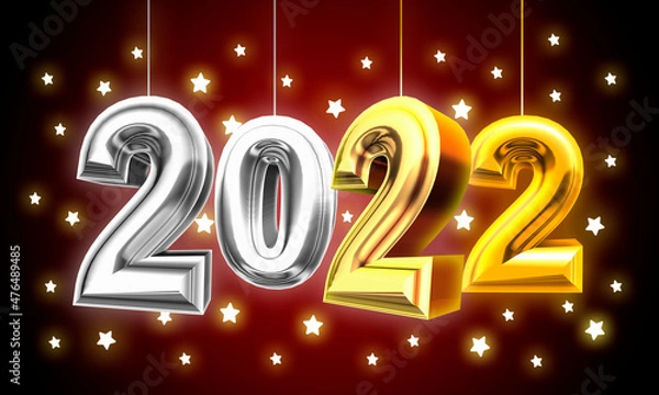 Fototapeta Happy New 2022 Year. Holiday illustration of golden metallic numbers 2022 and sparkling glitters pattern. Festive poster or banner design. Realistic 3d sign