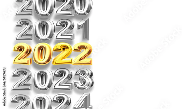 Fototapeta Happy New 2022 Year. Holiday illustration of golden metallic numbers 2022 and sparkling glitters pattern. Festive poster or banner design. Realistic 3d sign
