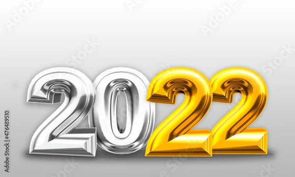 Fototapeta Happy New 2022 Year. Holiday illustration of golden metallic numbers 2022 and sparkling glitters pattern. Festive poster or banner design. Realistic 3d sign