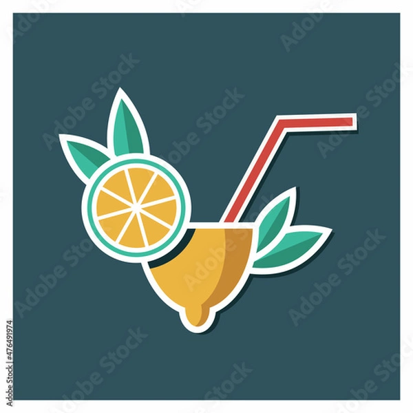 Fototapeta Lemonade with a straw and a slice of lemon. Refreshing drink icon, sticker