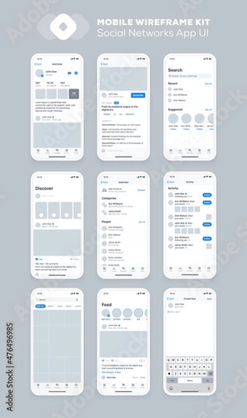 Obraz Mobile app design. UI UX wireframe kit for smartphone. New OS screens.