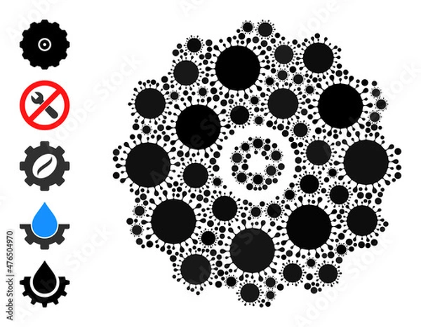Fototapeta Gearwheel mosaic icon. Vector collage is designed of scattered bacilla icons. Virus cell collage gearwheel icon, and similar icons. Gearwheel collage for pandemic images.