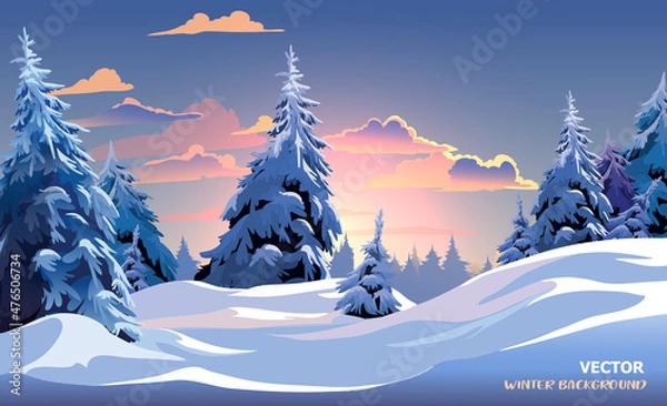 Fototapeta Winter forest landscape. Vector background with Christmas trees. Winter forest background with beautiful clouds.