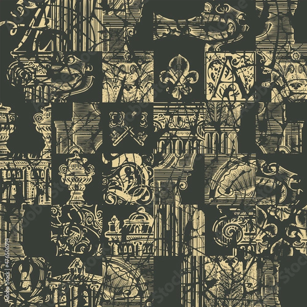 Fototapeta Abstract seamless pattern with hand-drawn architectural fragments and chaotic scribbles on a black. Monochrome vector background in grunge style. Graphic print for wallpaper, wrapping paper, fabric