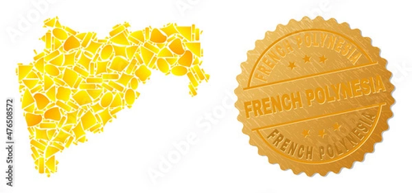 Fototapeta Golden mosaic of yellow items for Maharashtra State map, and golden metallic French Polynesia seal. Maharashtra State map collage is formed of scattered golden spots.