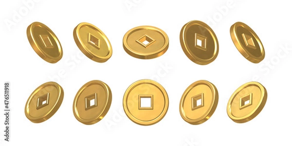 Fototapeta Asian Gold Coin. Set of realistic golden chinese coins with hole. Symbol of wealth, prosperity, good luck. Decoration elements for oriental New Year design. Isolation on a white background