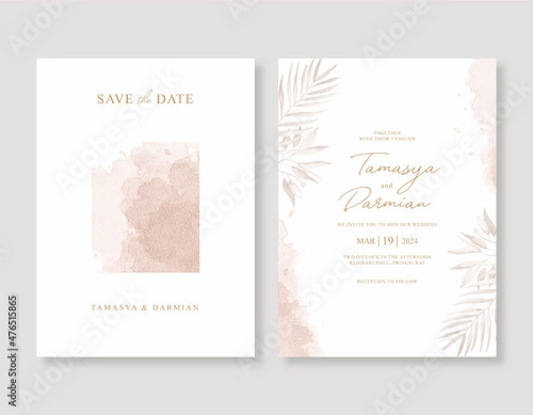 Fototapeta Beautiful wedding invitation template with watercolor leaves and splash