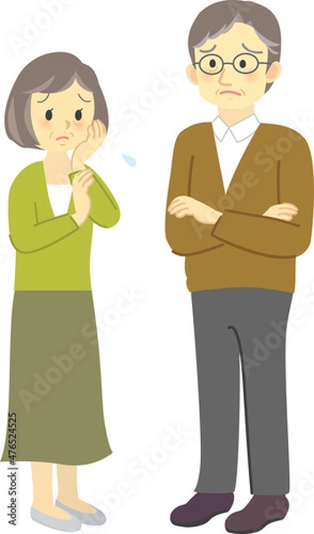 Obraz イラスト素材:老夫婦が向かい合って困った表情で思い悩む場面（男女の全身立ち姿）

