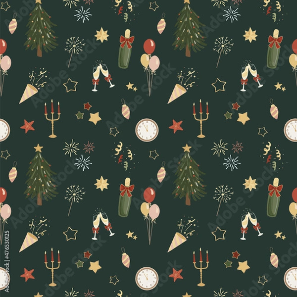 Fototapeta New Year elements hand drawn seamless pattern on dark green background