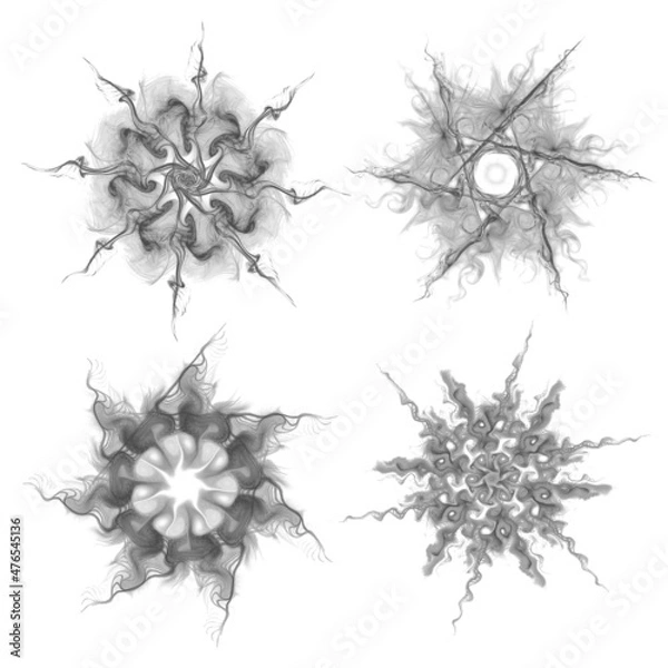 Fototapeta Set of four black snowflakes on a white background. Abstract computer generated fractal image of a snowflake. Illustration, isolate. Use as a stamp or brush