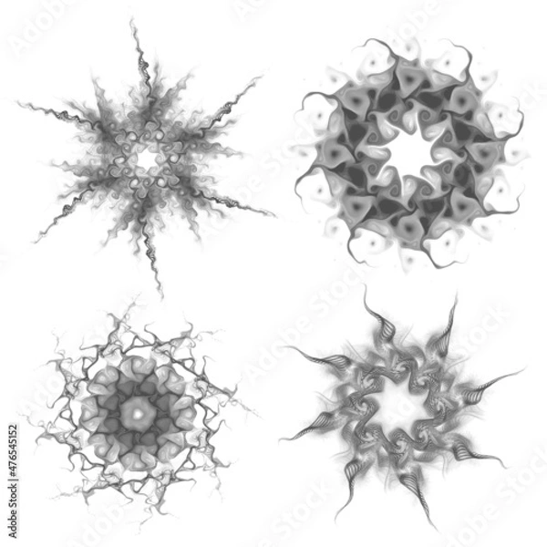 Fototapeta Set of four black snowflakes on a white background. Abstract computer generated fractal image of a snowflake. Illustration, isolate. Use as a stamp or brush