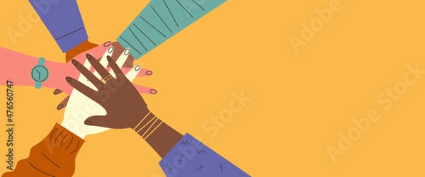 Fototapeta Hands of different nationalities together. The concept of diversity, friendship. Banner with copy space. Vector stock illustration. 