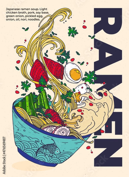 Fototapeta Vector flat cartoon illustration. Japanese ramen soup with herbs, egg, seaweed in a plate with fish