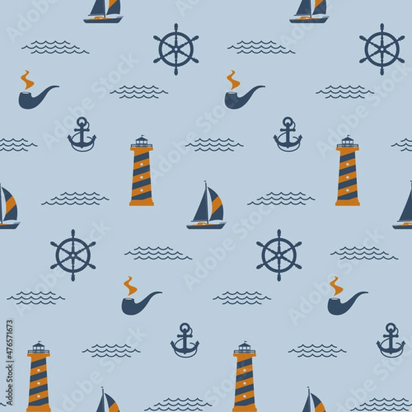 Fototapeta Seamless blue-orange marine pattern. Ship, lighthouse, lighthouse, smoking pipe on the background of the sea with waves. Color vector illustration, flat style. EPS10