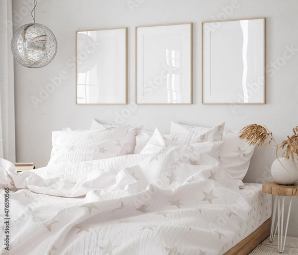 Fototapeta Mockup frame in bedroom interior background, Coastal boho style, 3d render