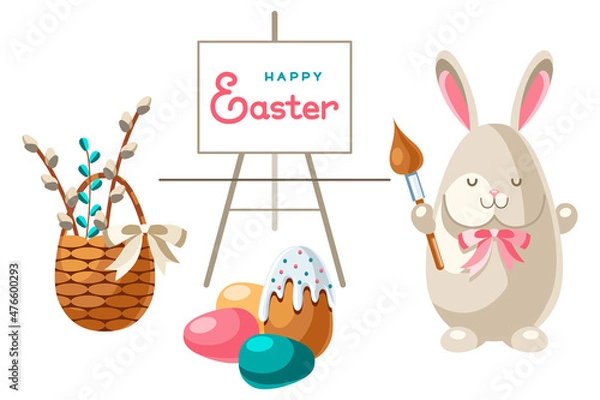 Fototapeta Easter card with bunny artist. Сute cartoon rabbit with a brush writes congratulations on canvas, surrounded by eggs, a cake and a basket with pussy willow branches. Isolated white background.