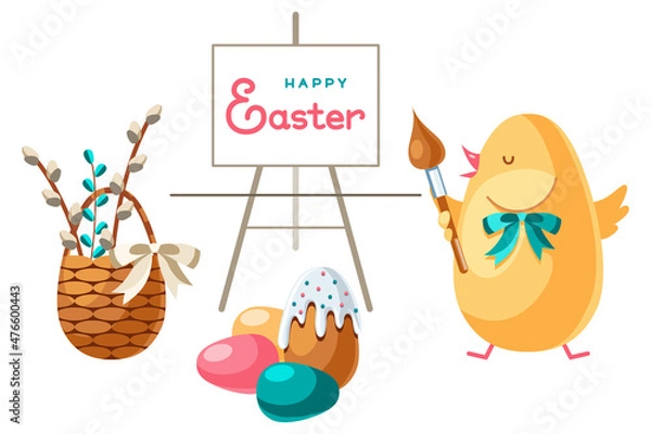 Fototapeta Easter card with chick-artist. Сute cartoon chicken with a brush writes congratulations on canvas, surrounded by eggs, a cake and a basket with pussy willow branches. Isolated white background.