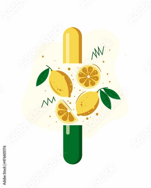 Fototapeta Lemons with flowers and pill with vitamin C vector isolated on white background. Natural medicine for strengthening the immune system