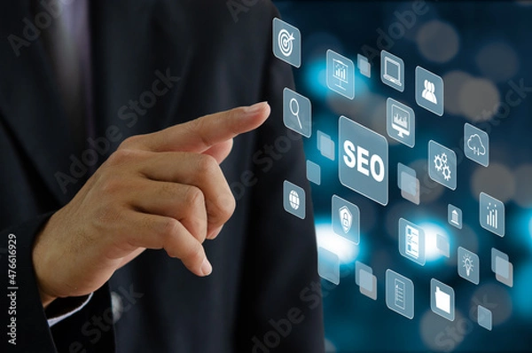 Fototapeta businessman hand touching a virtual screen, business icon. SEO Search engine optimization  Business Technology Concept Marketing Ranking  Website Internet.