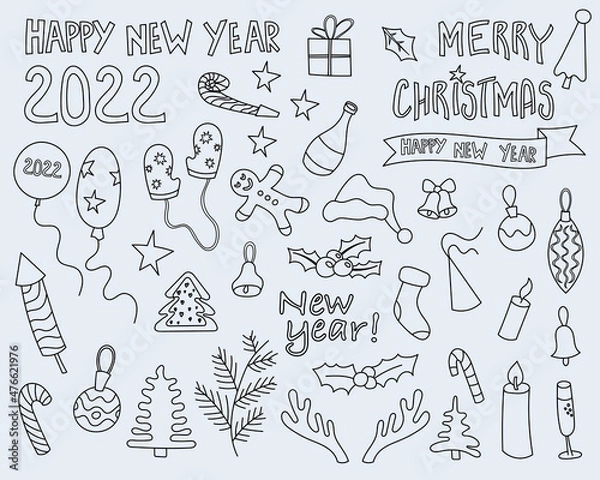 Fototapeta Vector New 2022 year and Christmas holiday doodles  - vector illustration, eps stock illustration
