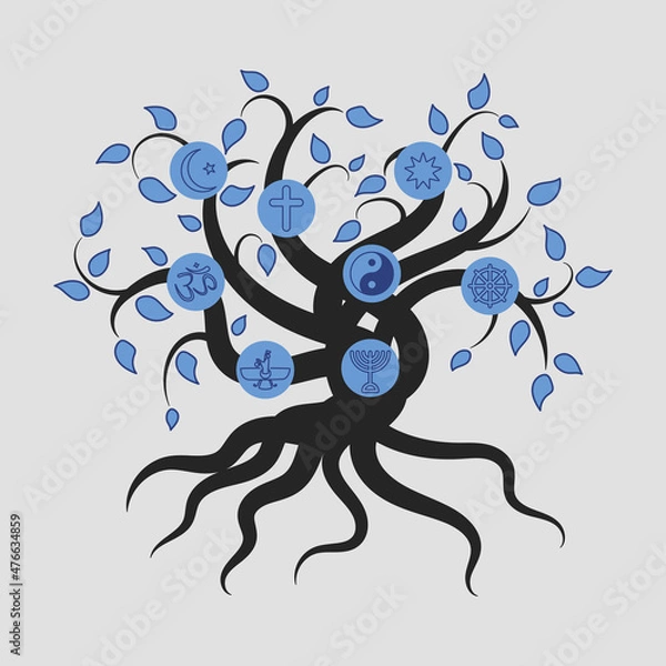 Fototapeta Tree with leaves and roots with religious symbols vector illustration