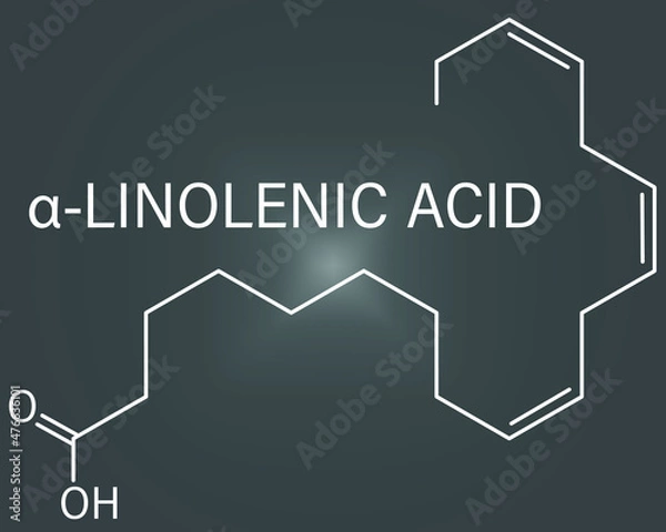Fototapeta Alpha-linolenic acid or ALA molecule. Essential polyunsaturated omega-3 fatty acid, present in many vegetable oils. Skeletal formula.