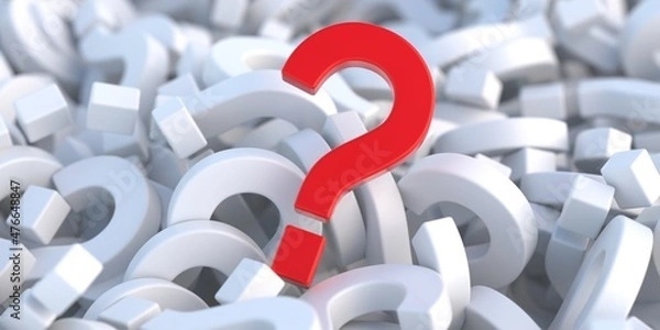 Fototapeta Red question mark on white color questionmarks pile background. Wondering why sign. 3d illustration