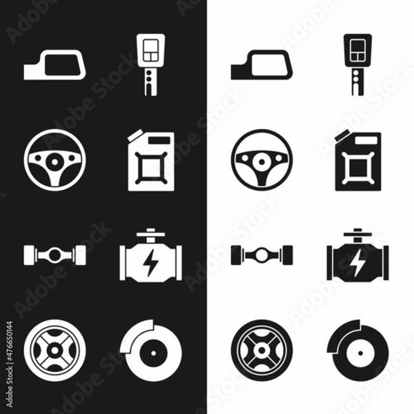 Fototapeta Set Canister for gasoline, Steering wheel, Car mirror, key with remote, Chassis car, Check engine, brake disk caliper and icon. Vector