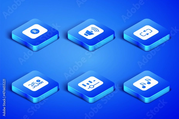 Obraz Set Music note, tone, Record button, equalizer, Audio jack, Speaker volume and Repeat icon. Vector