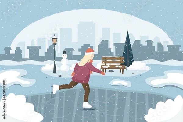 Fototapeta A young woman is ice skating on the rink in the park. Concept vector illustration in a flat style.