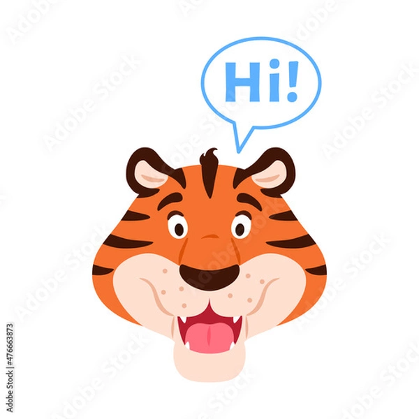 Fototapeta Flat talking smiling tiger say Hi face isolated on white background. Cute adorable cartoon greeting wild cat head. Orange striped greeting carnivore predator animal character vector illustration.