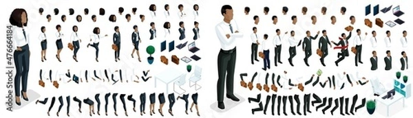 Fototapeta Large isometric Set of hand gestures and legs of African American woman and men 3d business lady. Create your isometric office worker for vector illustrations