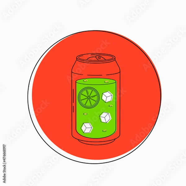 Fototapeta Can of refreshing drink, ice cubes and slices of lemon vector, icon isolated on white background