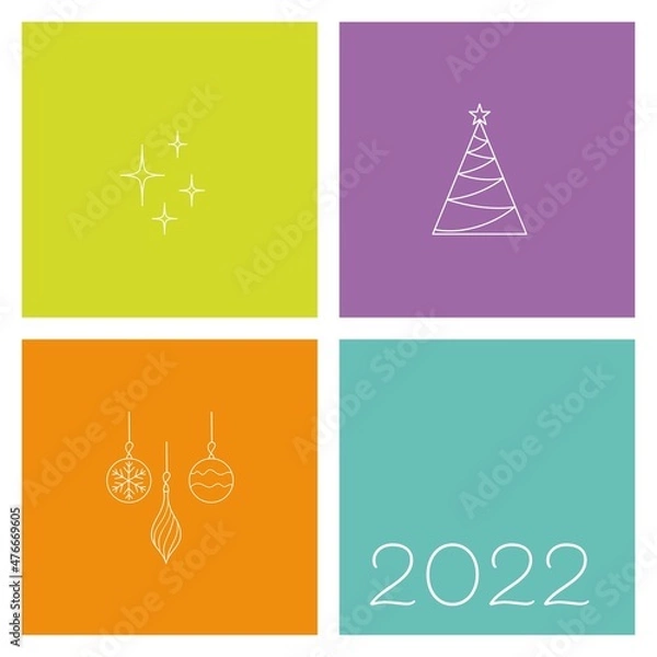 Fototapeta multicolored squares, new year's theme, greeting card concept, place for text, christmas mood, flat drawing with thin lines, 2022