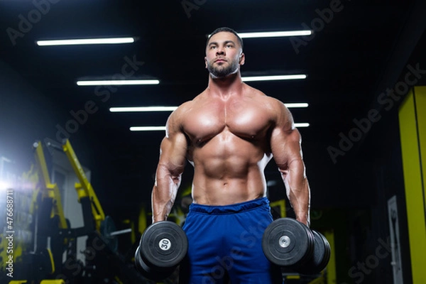 Fototapeta Front view of a muscular bodybuilder posing with dumbbells in blue shorts in a gym