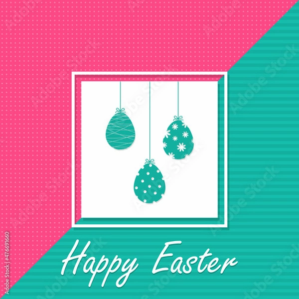 Obraz White card with Easter eggs on pink-blue background. Vector illustration.