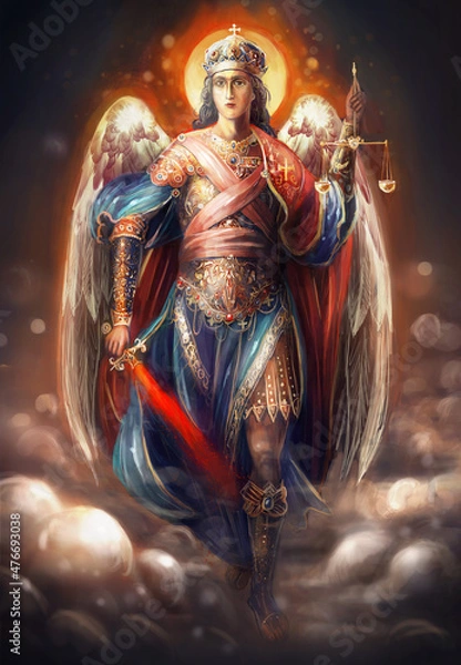 Fototapeta saint archangel Michael walking on clouds