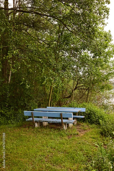 Fototapeta Blaue verwitterte Picknicksitzgruppe in grünem Wäldchen