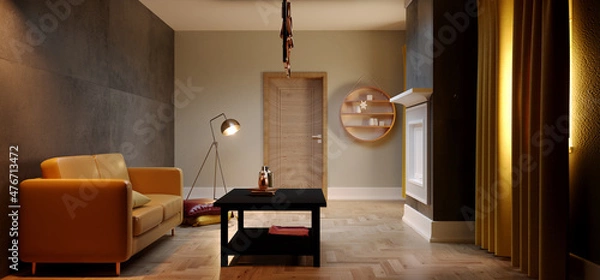 Fototapeta Warm Cozy Living Room Sofa Table Modern Minimalist Home With Cocnrete Wall And Wood Parquet Floor Warm Spotlight Dimmed Atmosphere Retro 3D Rendering