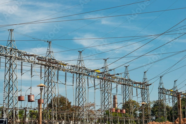 Fototapeta High and medium voltage switchgear in power substation, High voltage circuit breakers and insulated switchgear on electrical substation