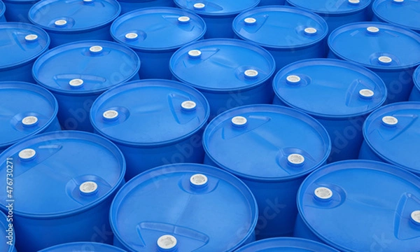 Fototapeta Plastic barrels stack of blue color, 3d render