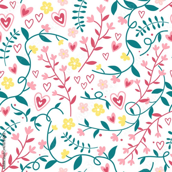 Fototapeta Seamless spring pattern with hearts and floral elements
