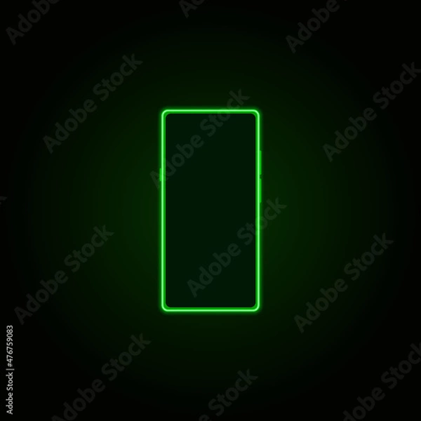Fototapeta Vector illustration of a smartphone with neon green effect on a dark background. Neon objects in outline style. For registration of promotions