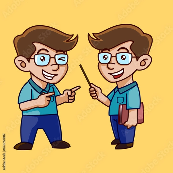 Fototapeta Vector characters smart man teacher present pose