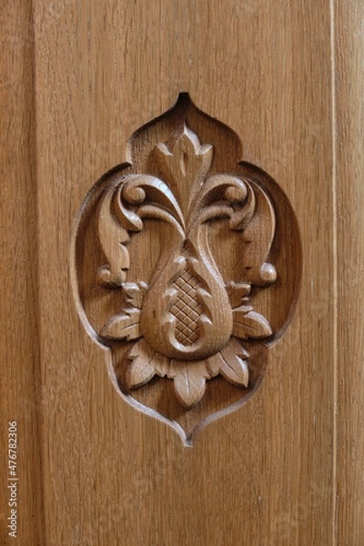 Obraz Ornament on a wooden door brown wood texture beautiful pattern flower carving elegance