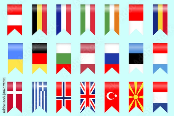 Fototapeta 21 European flags. Vector colorful flags of countries in the form of ribbons with shadows and gloss