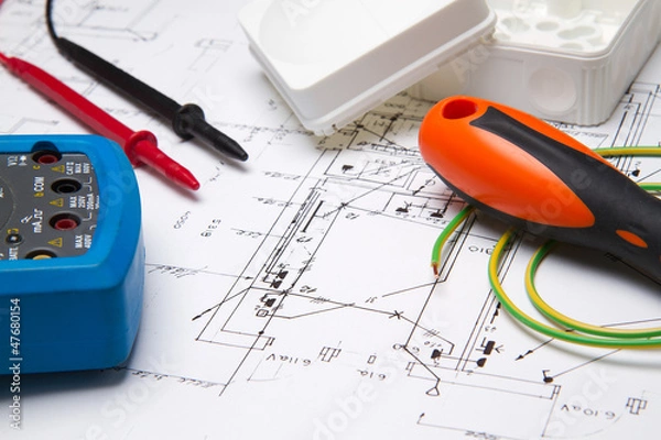Fototapeta Electrical instruments on blueprint